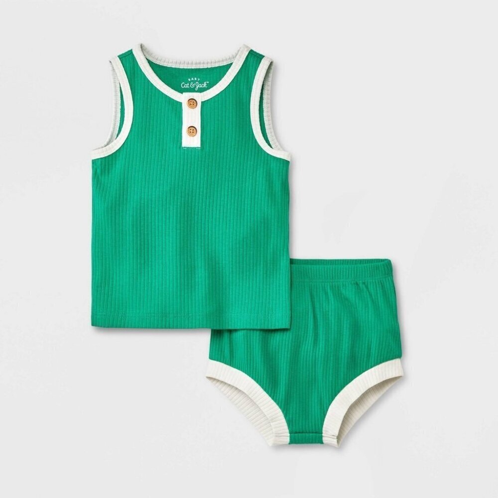 Cat & Jack Unisex Baby 0-3 Months 2 Piece Henley Tank Top & Bottom Set Green 987